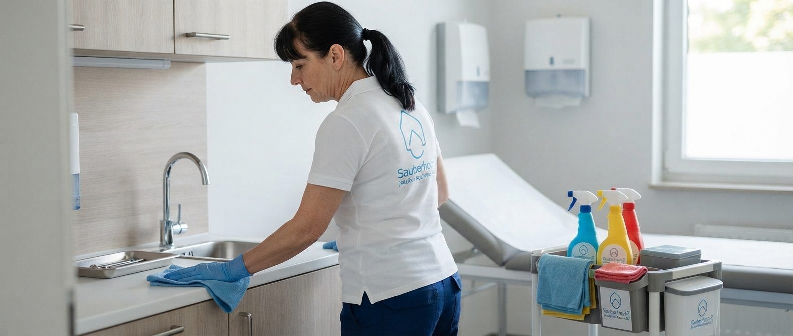 Praxisreinigung Köln – Reinigungskraft desinfiziert einen Behandlungsraum