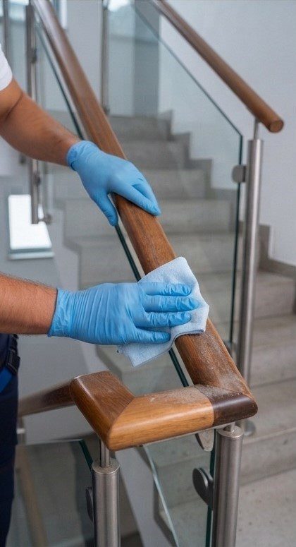 Reinigungskraft wischt den hölzernen Handlauf im Treppenhaus mit Handschuhen und Mikrofasertuch ab